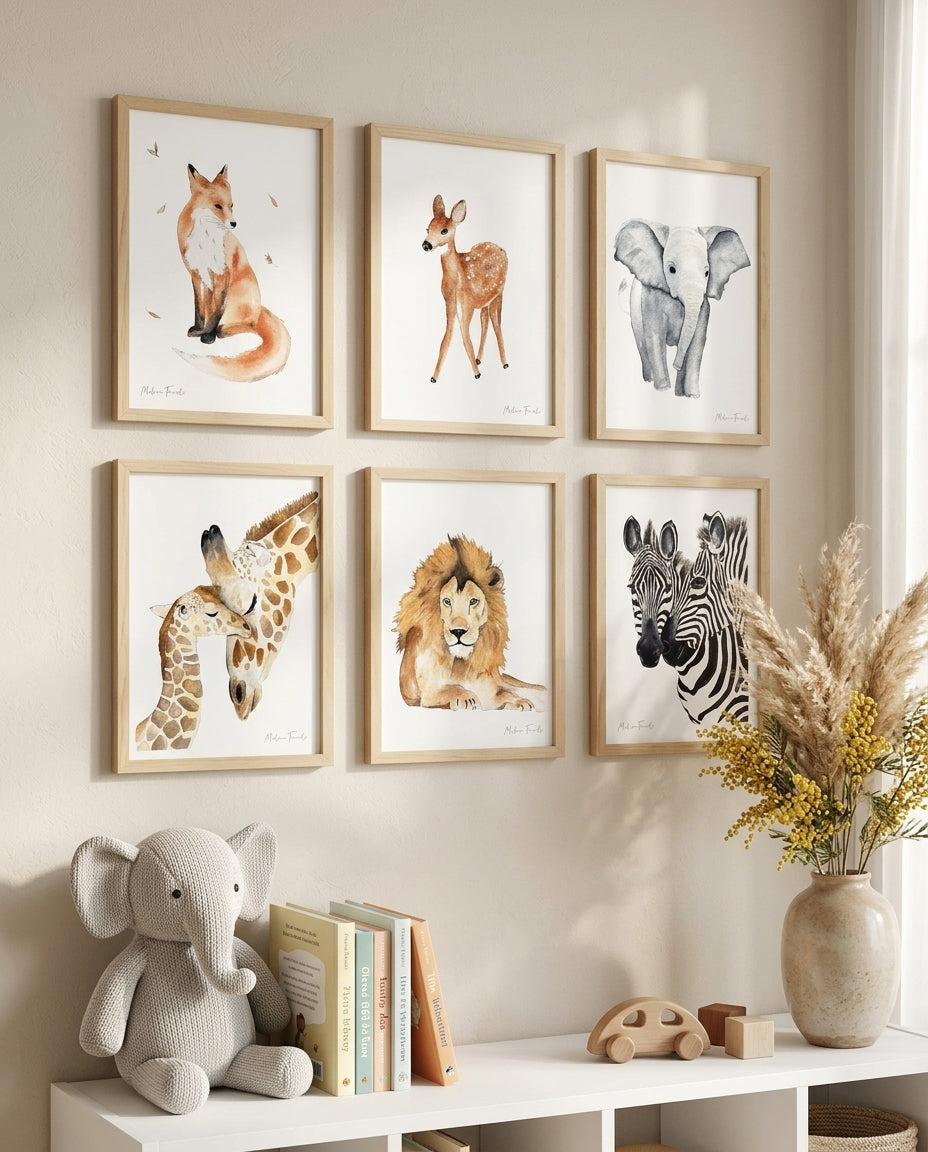 Poster animaux aquarelle pour décorer une chambre enfant sur le theme safari et foret 