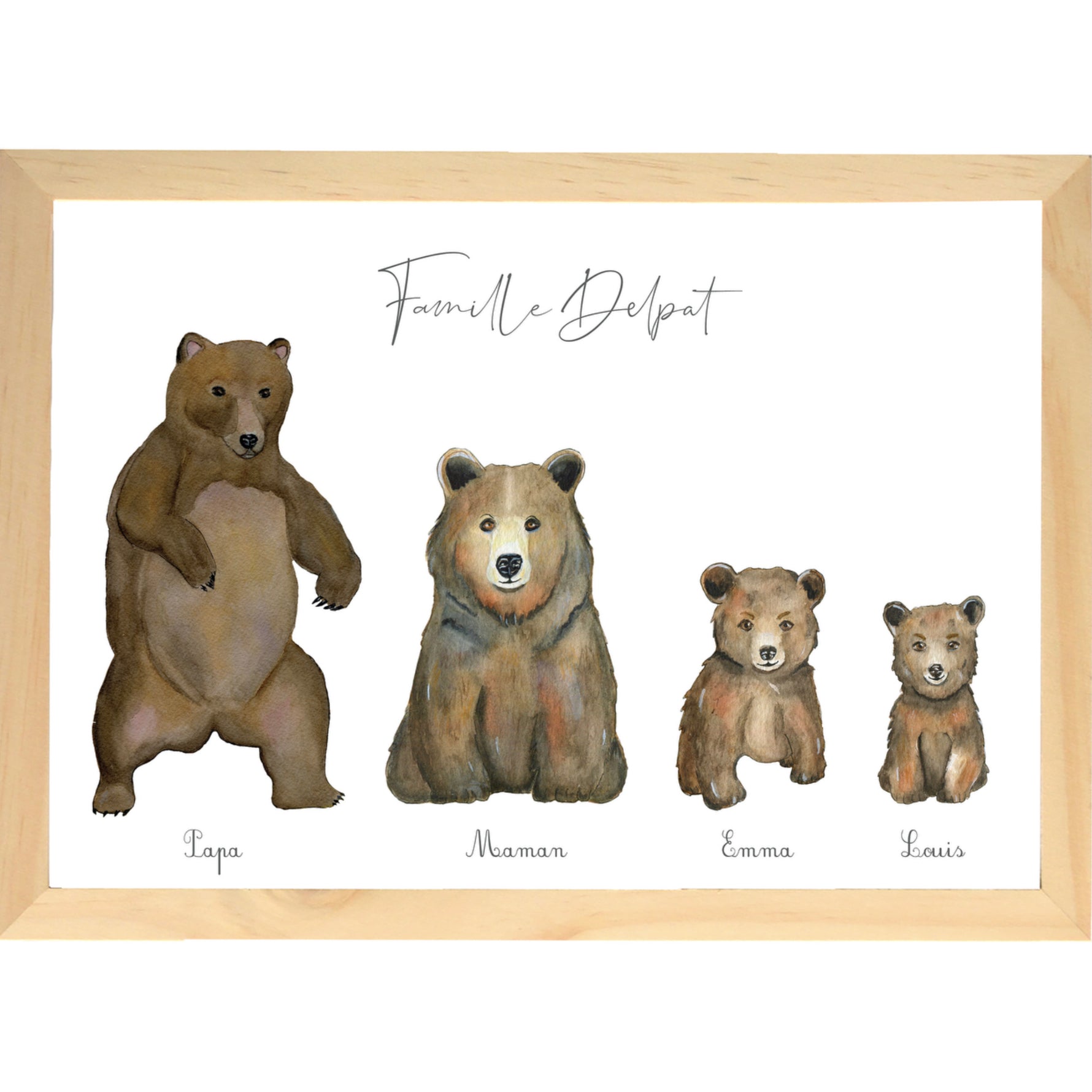 Affiche famille ours brun personnalisée à l’aquarelle
