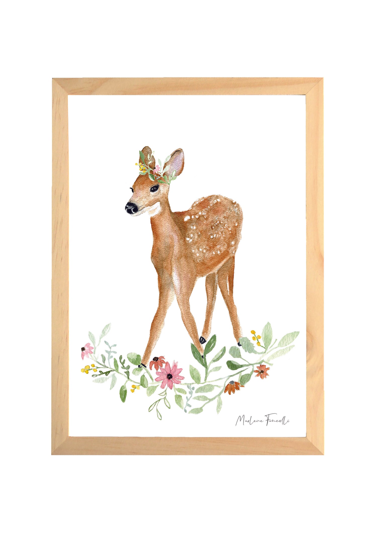 Cadre avec affiche aquarelle biche Suzy avec fleurs image 0