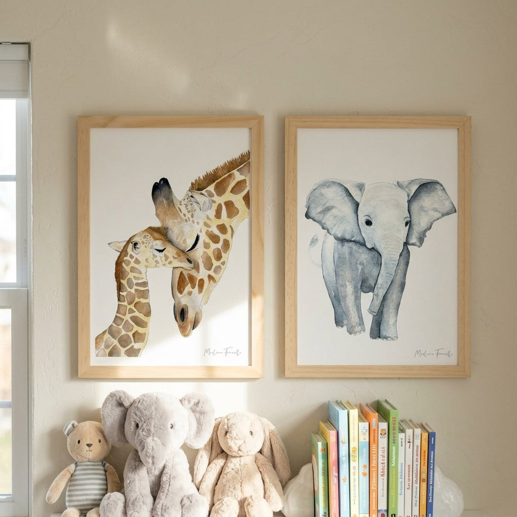Poster girafe et éléphant aquarelle chambre bébé