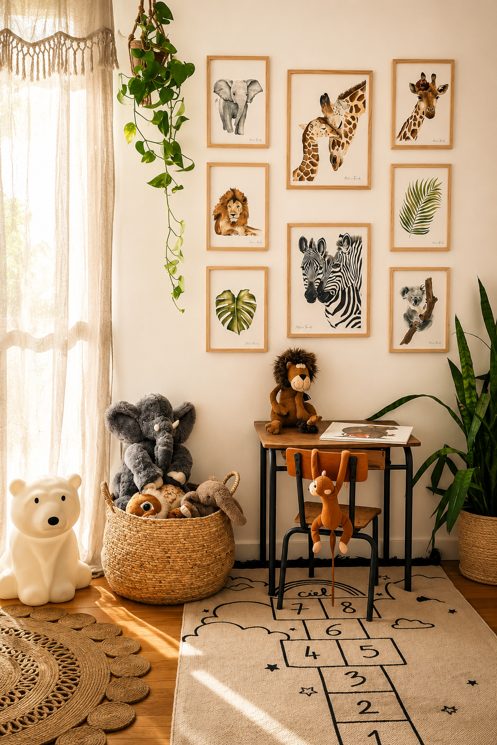 Poster aquarelle animaux de la savane pour décoration chambre bébé et enfant sur le thème de la jungle