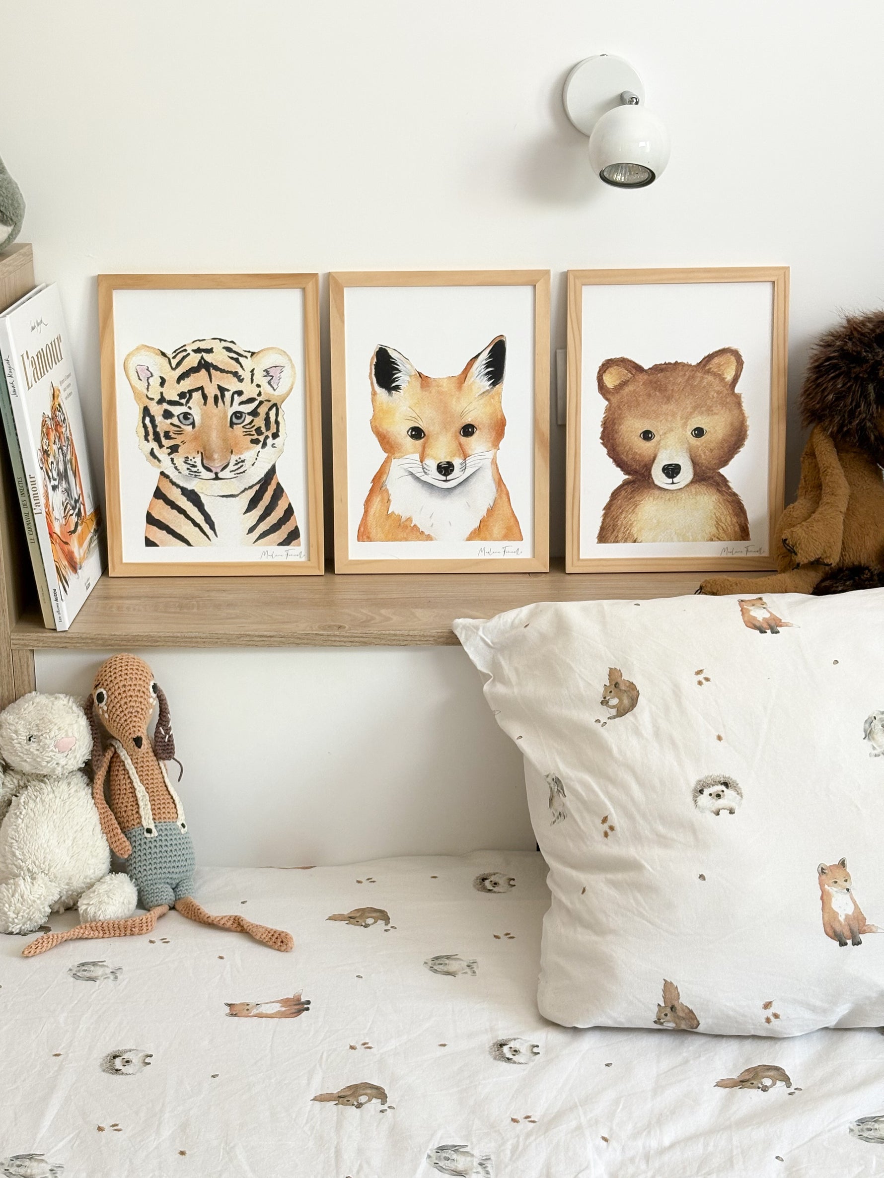 Illustration aquarelle bébé animaux renard, tigre, ourson pour décoration chambre bébé et enfant