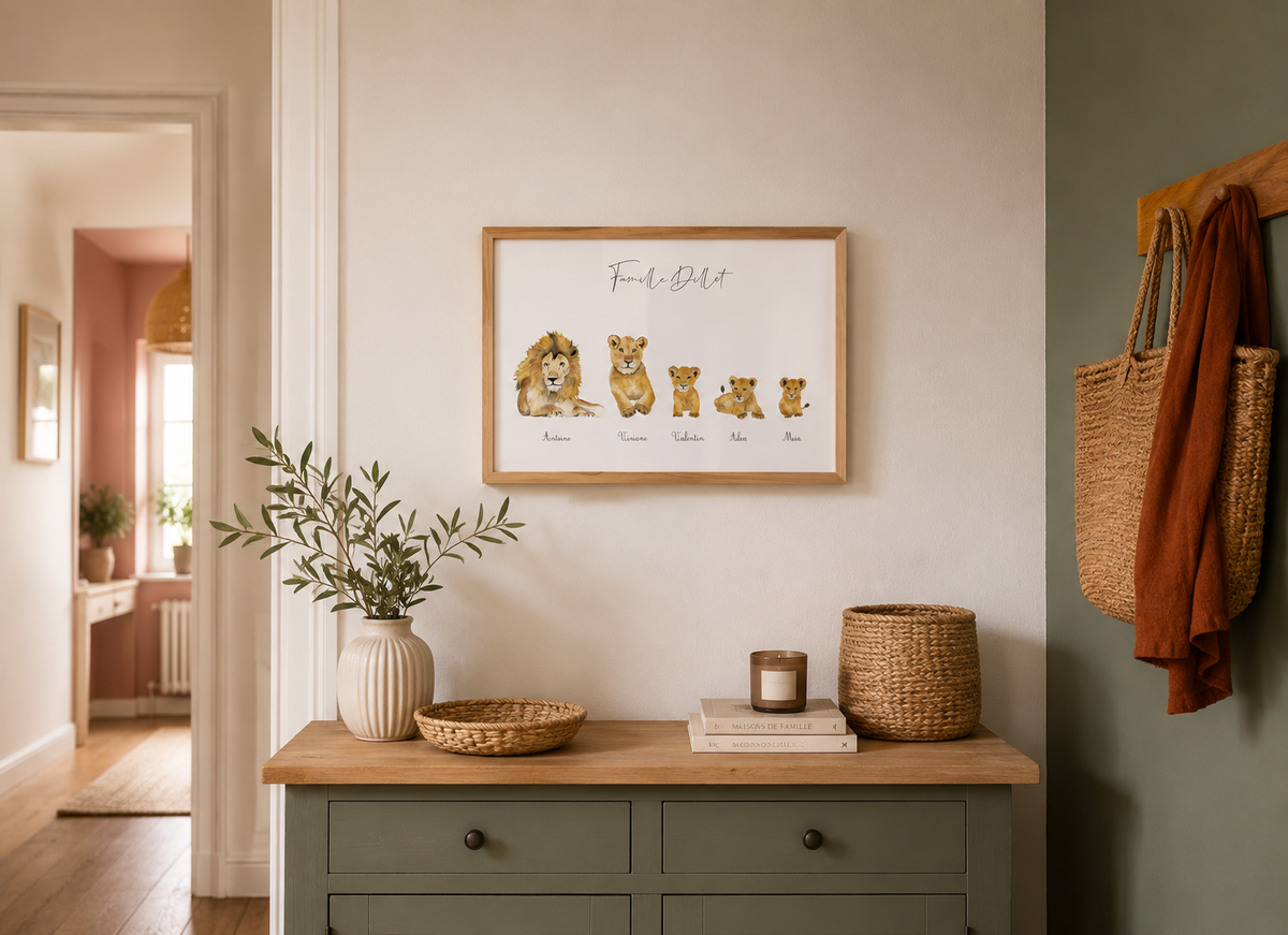 Affiche aquarelle d'une famille à personnaliser avec les prénoms parents et enfants