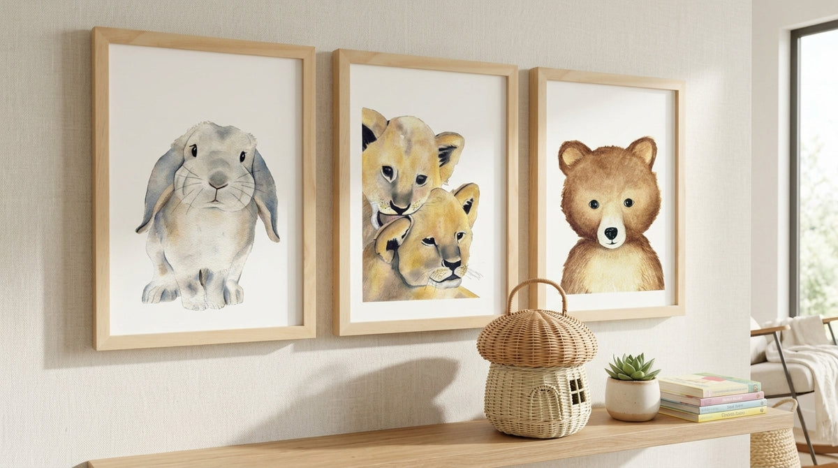 Poster animaux aquarelle pour décoration chambre enfant avec un lionceau, lapin, ourson