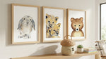 Poster animaux aquarelle pour décoration chambre enfant avec un lionceau, lapin, ourson