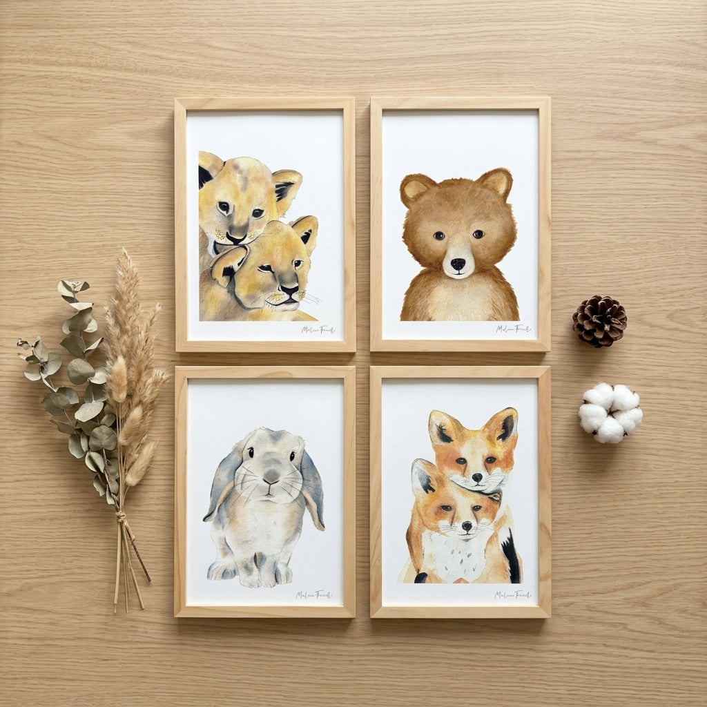 Poster animaux aquarelle lion, ourson, renard, lapin