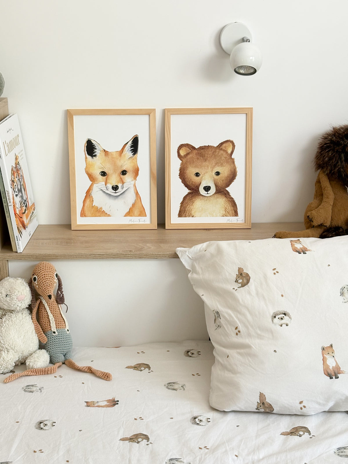 Illustration aquarelle bébé animaux renard, tigre, raton laveur pour décoration chambre bébé et enfant