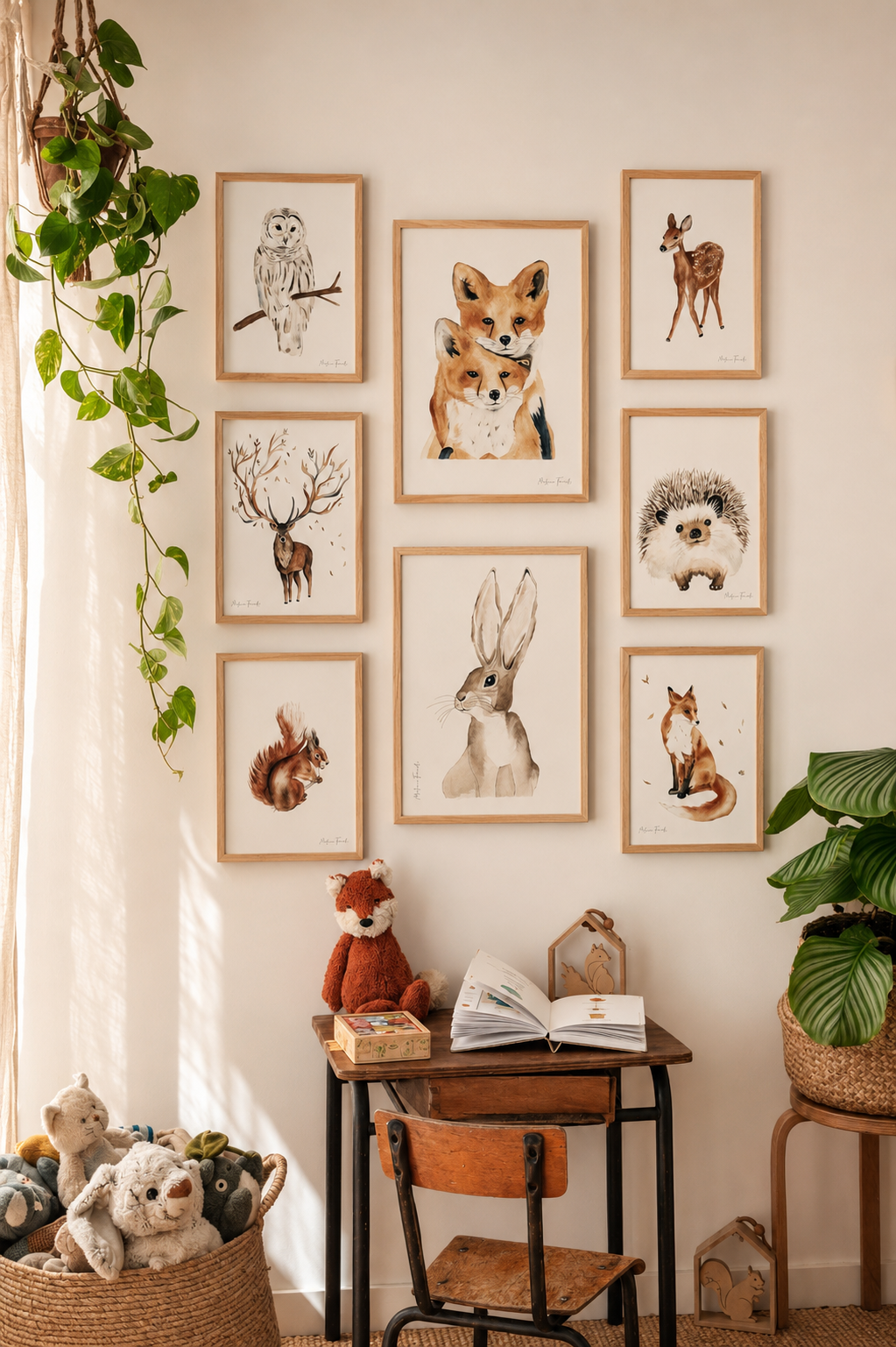 Poster aquarelle animaux de la forêt pour décoration chambre bébé et enfant sur le thème de la forêt