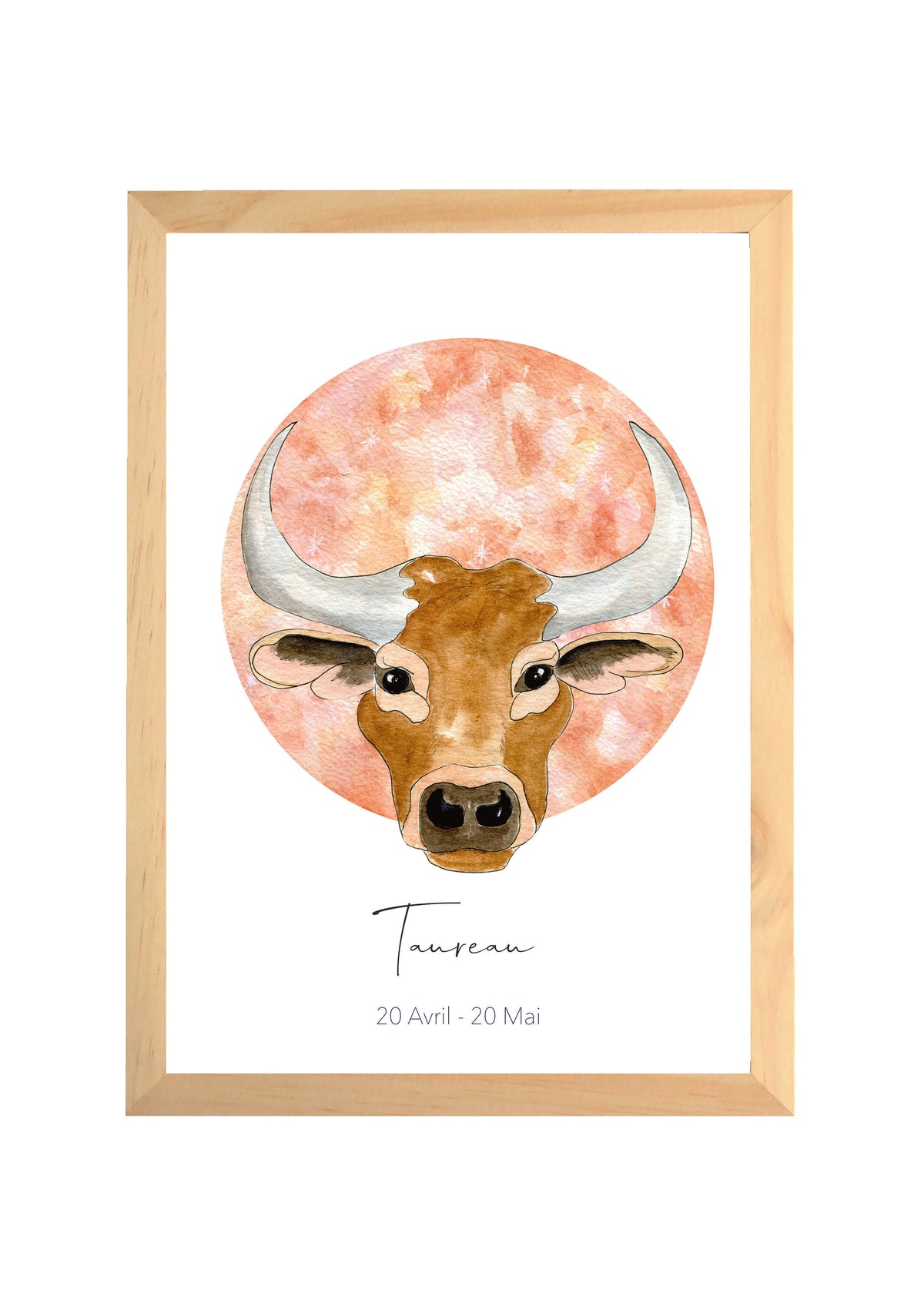 Affiche aquarelle signe du zodiaque Taureau terracotta