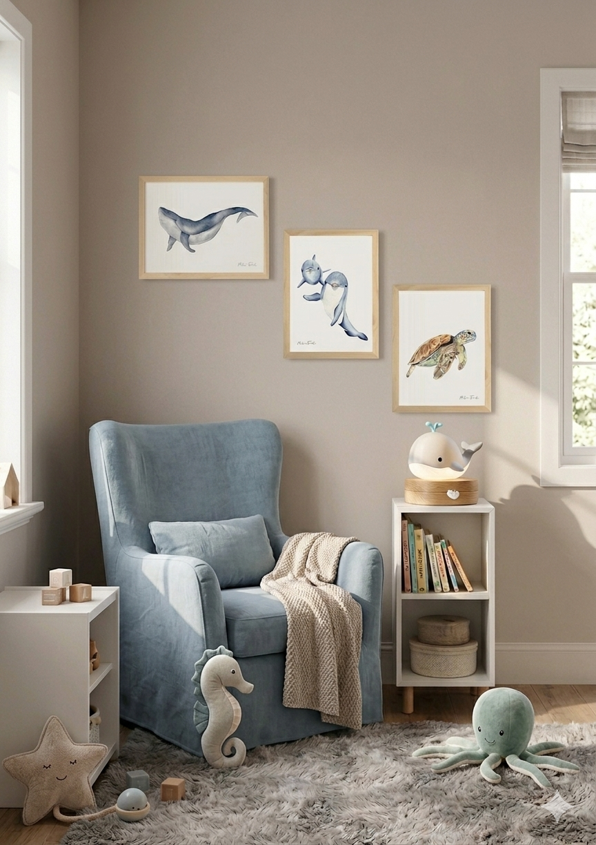 Poster thème mer et océan baleine, tortue, dauphin