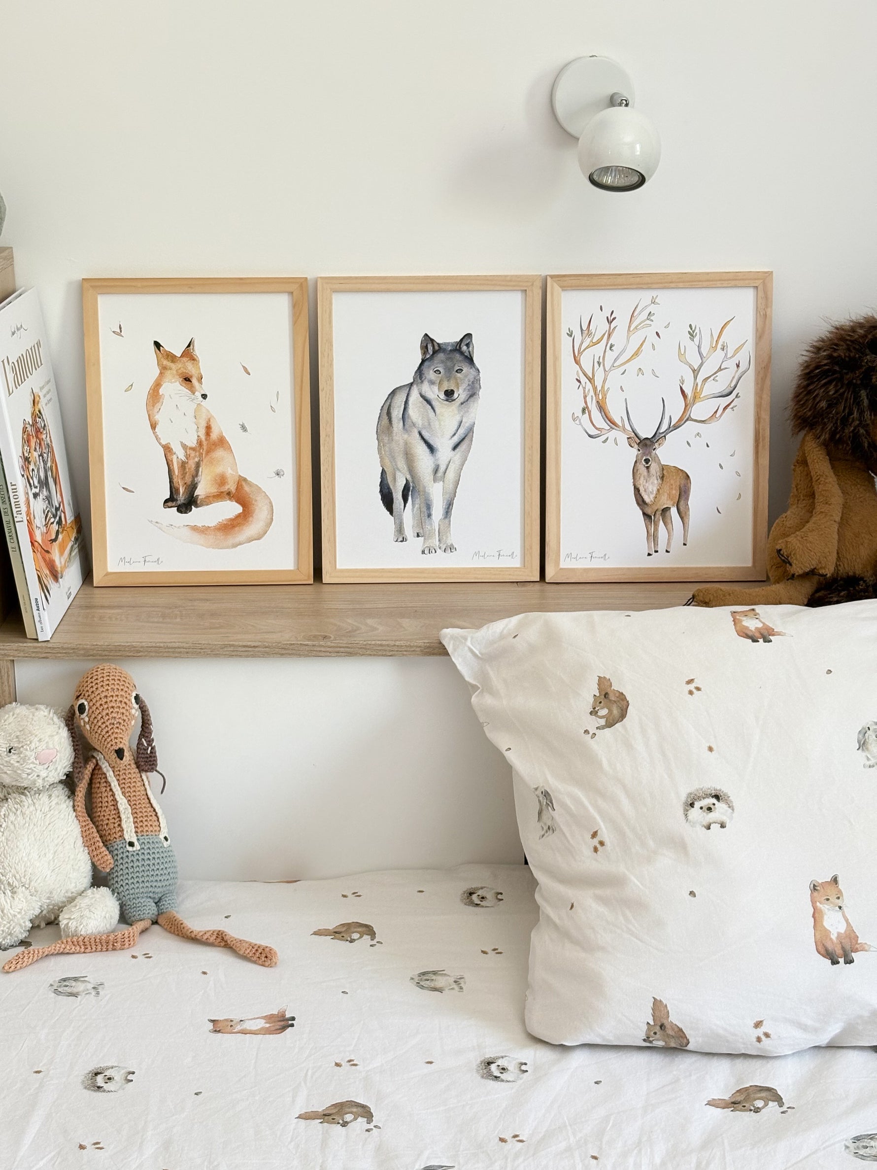 Poster aquarelle animaux de la foret : loup, renard, cerf pour décoration chambre enfant
