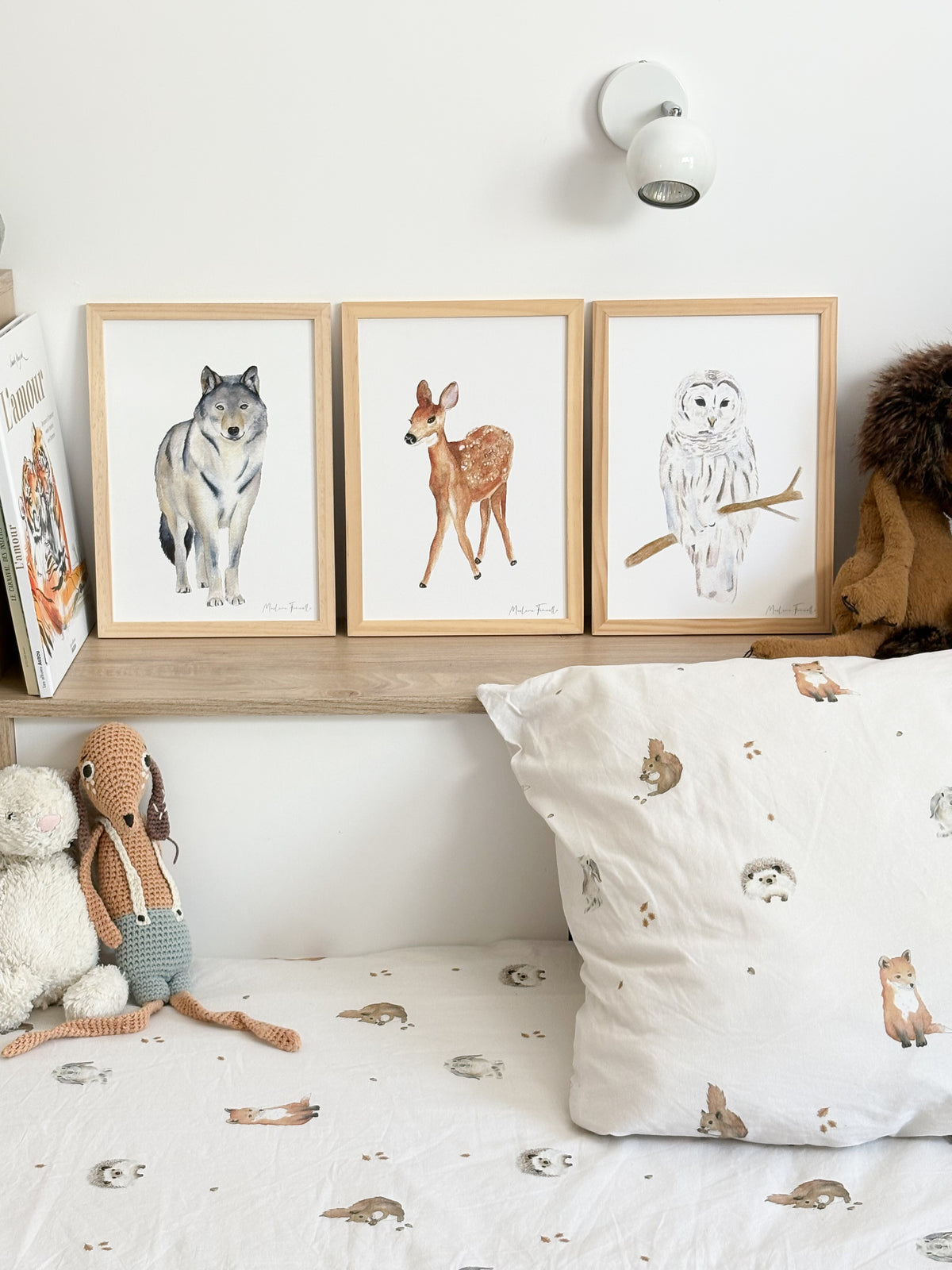 Poster aquarelle animaux de la foret : loup, biche, chouette pour décoration chambre enfant