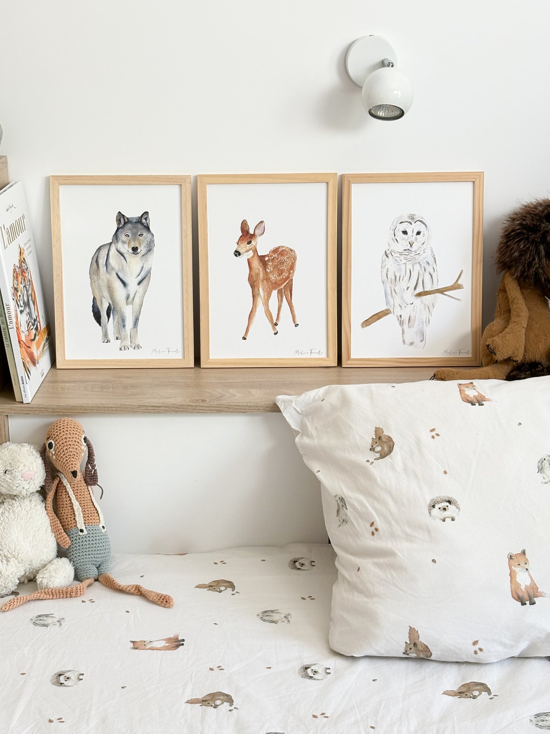 Poster aquarelle animaux de la foret : loup, biche, chouette pour décoration chambre enfant