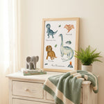 Cadre affiche aquarelle de dinosaures pour décoration chambre bébé et enfant avec t-rex, triceratops, diplodocus et Ptérodactyle