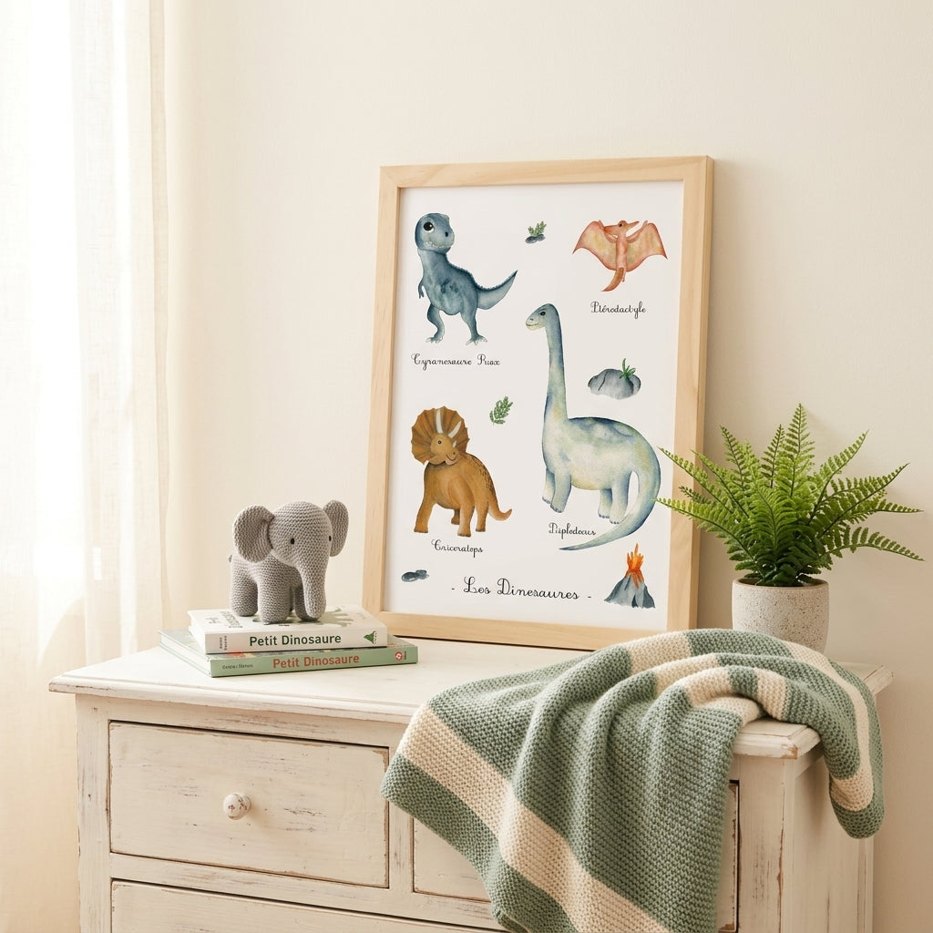 Cadre affiche aquarelle de dinosaures pour décoration chambre bébé et enfant avec t-rex, triceratops, diplodocus et Ptérodactyle
