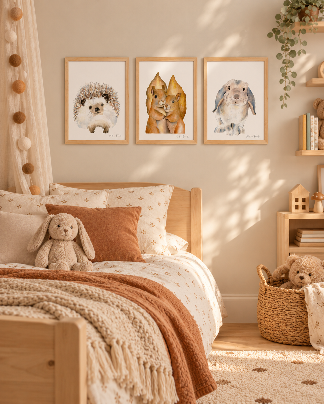 Poster aquarelle hérisson, lapin et renard pour une décoration sur le thème des animaux de la forêt 