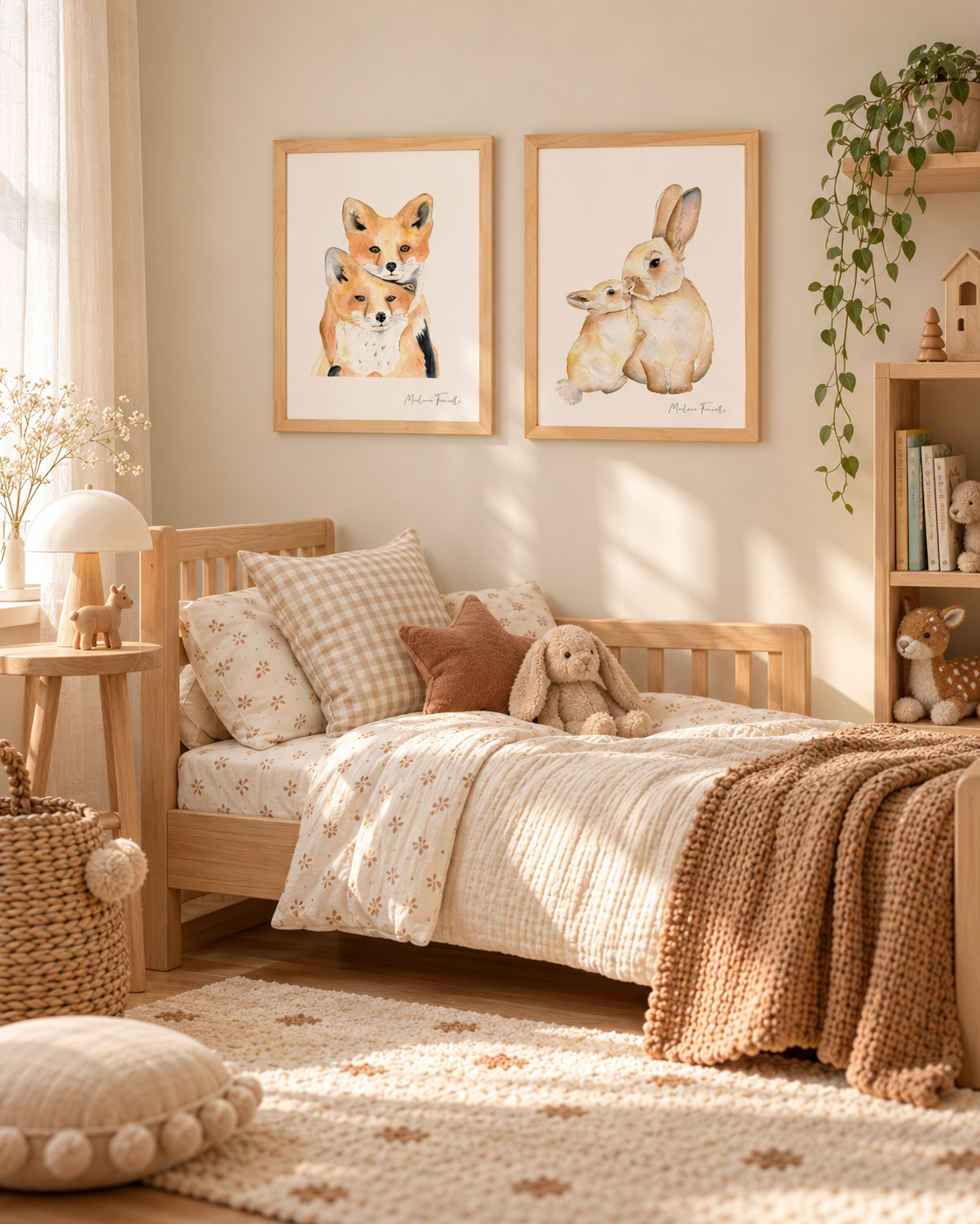 Poster aquarelle lapin et renard chambre bébé et enfant sur le thème de la savane 