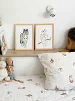 Poster aquarelle animaux de la foret : loup, chouette pour décoration chambre enfant