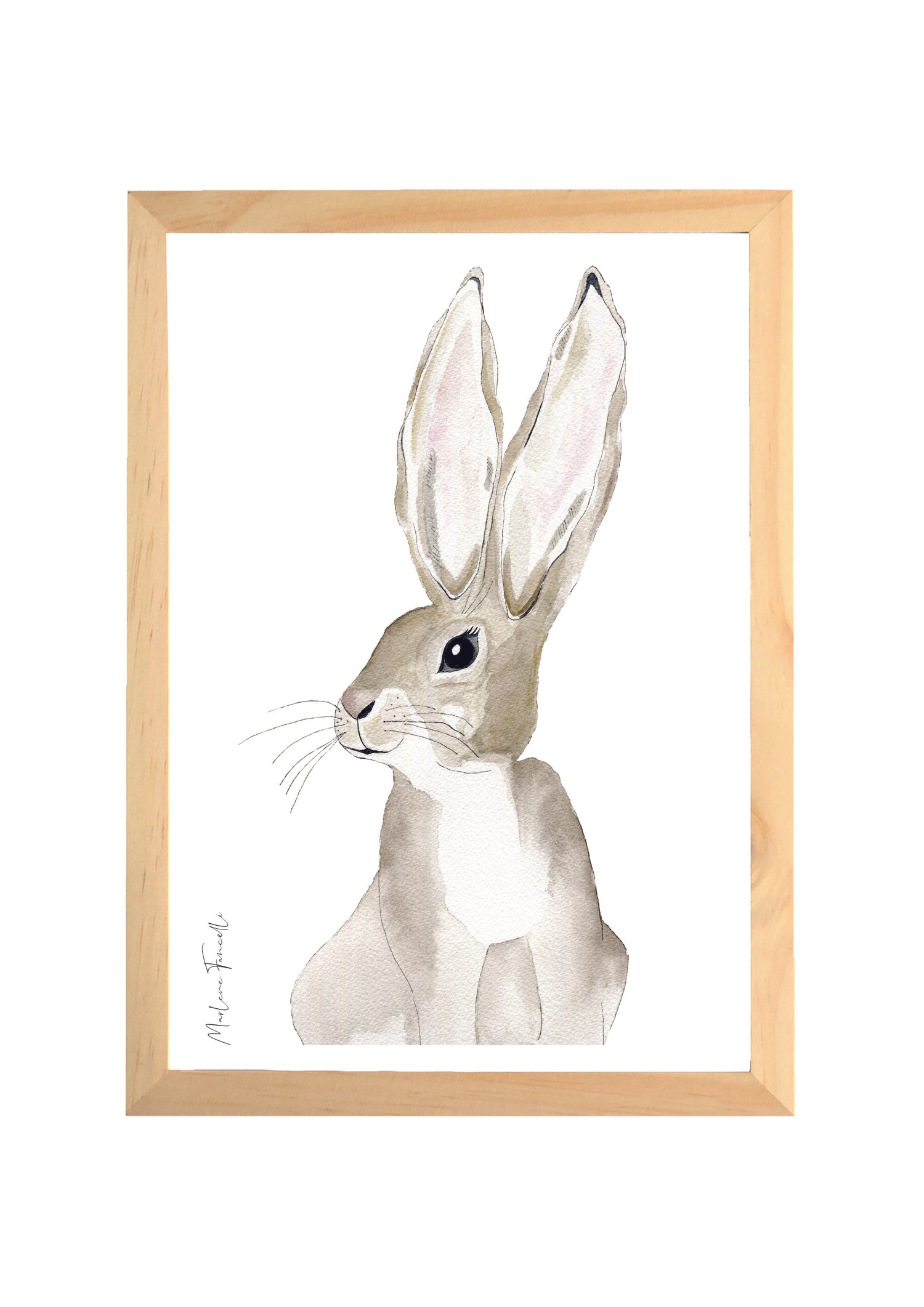 Cadre avec affiche aquarelle d'un lapin avec des grandes oreilles pour décorer la chambre d'un bébé.