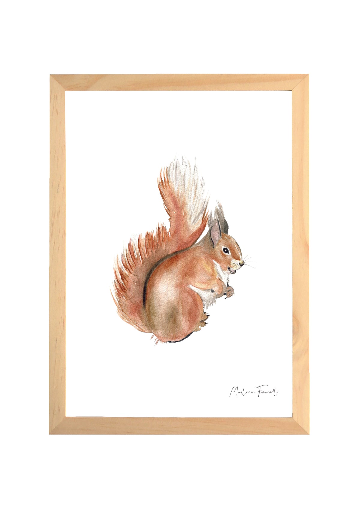 Cadre avec affiche aquarelle écureuil pour décorer une chambre enfant dans le thème de la forêt.