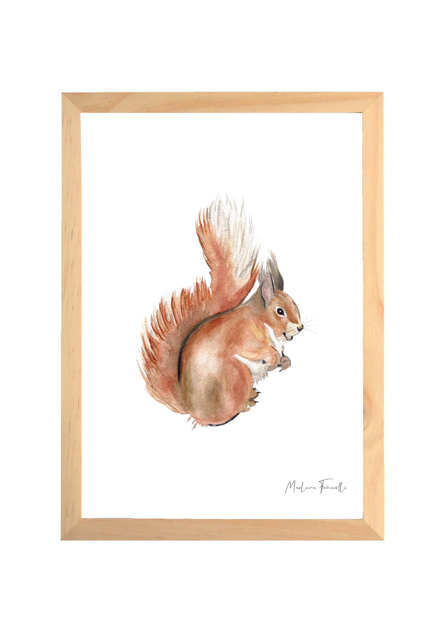 Cadre avec affiche aquarelle écureuil pour décorer une chambre enfant dans le thème de la forêt.