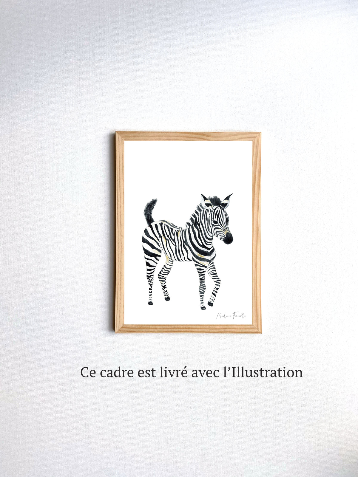 Cadre illustration aquarelle enfant d’un bébé zèbre idéal pour décorer une chambre d’enfant sur le thème de la savane