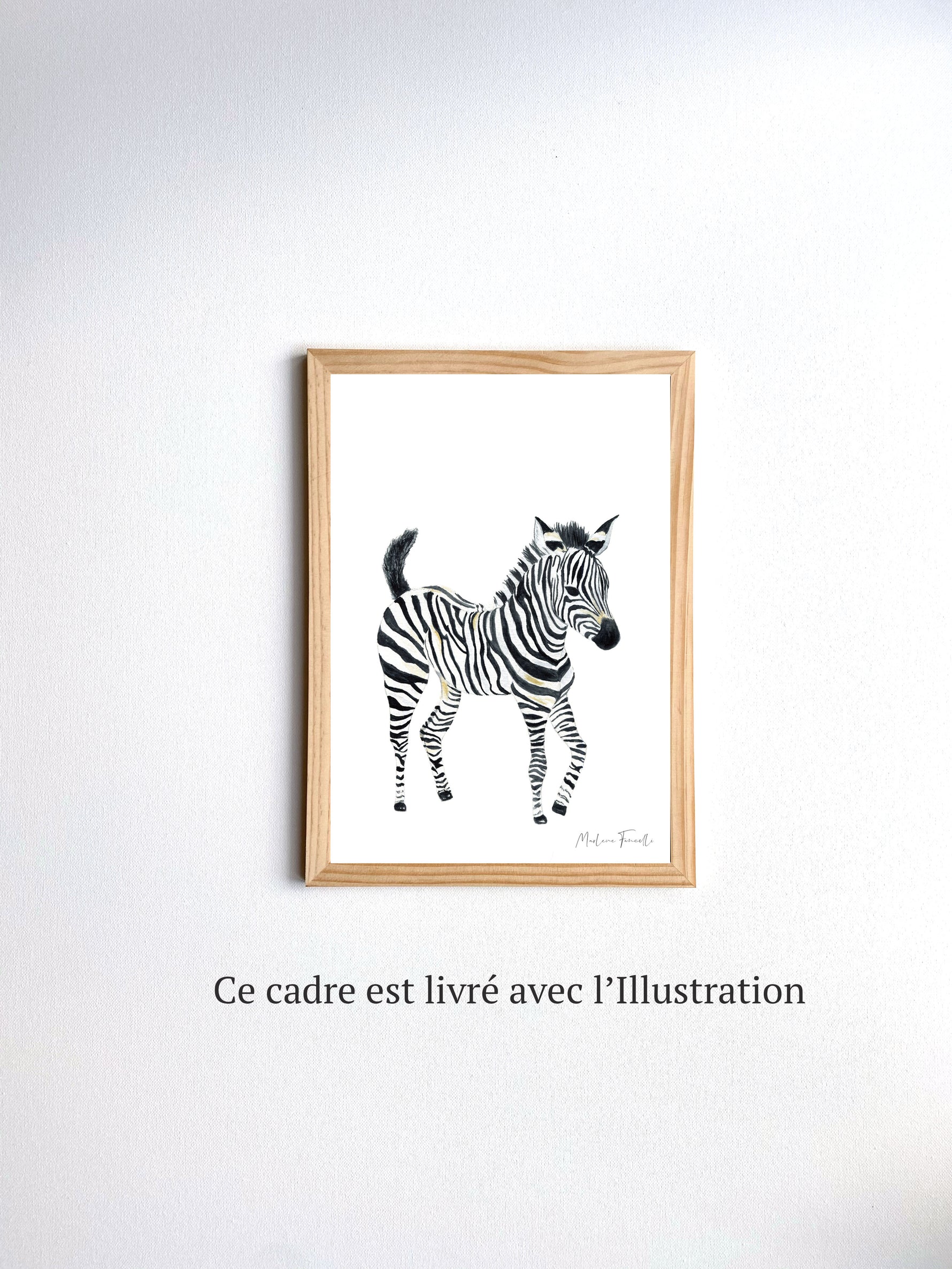 Cadre illustration aquarelle enfant d’un bébé zèbre idéal pour décorer une chambre d’enfant sur le thème de la savane