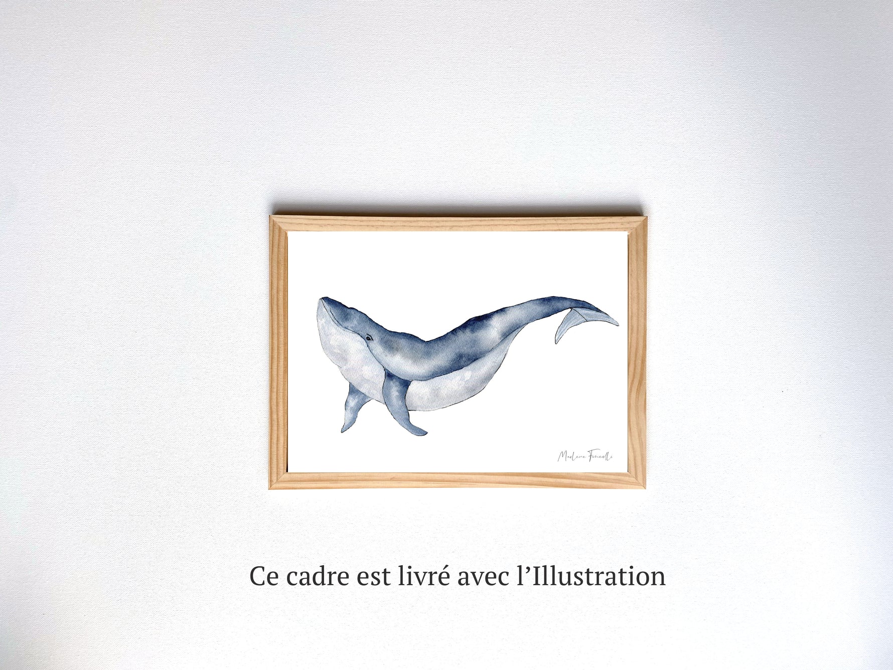 Cadre illustration aquarelle enfant d’une baleine idéal pour décorer une chambre d’enfant sur le thème de l’océan 