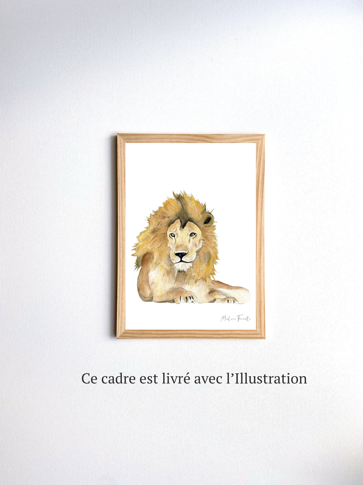 Cadre affiche aquarelle Lion Léo pour décorer une chambre d'enfant sur le thème de la savane