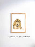 Cadre affiche aquarelle Lion Léo pour décorer une chambre d'enfant sur le thème de la savane