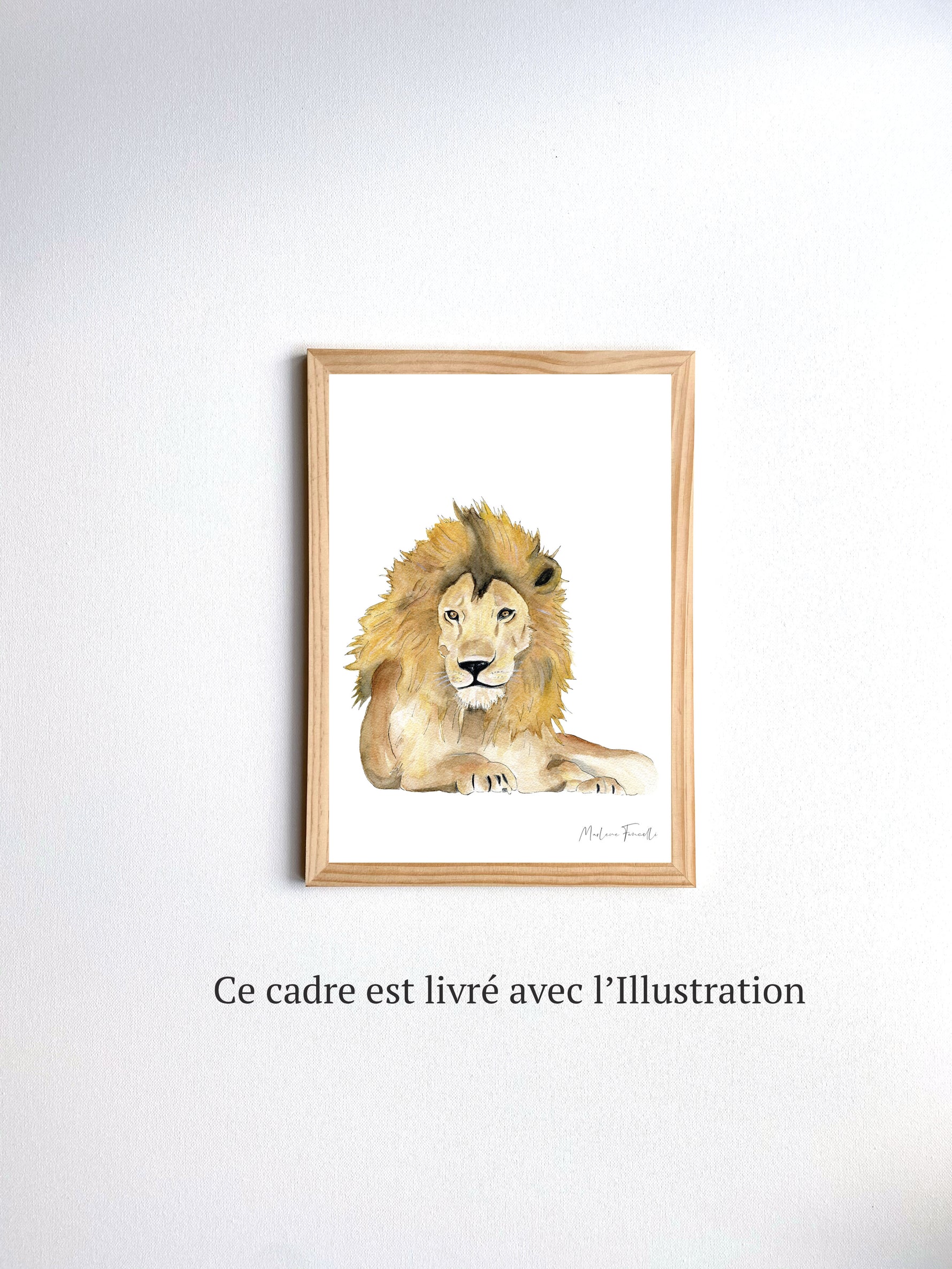 Cadre affiche aquarelle Lion Léo pour décorer une chambre d'enfant sur le thème de la savane