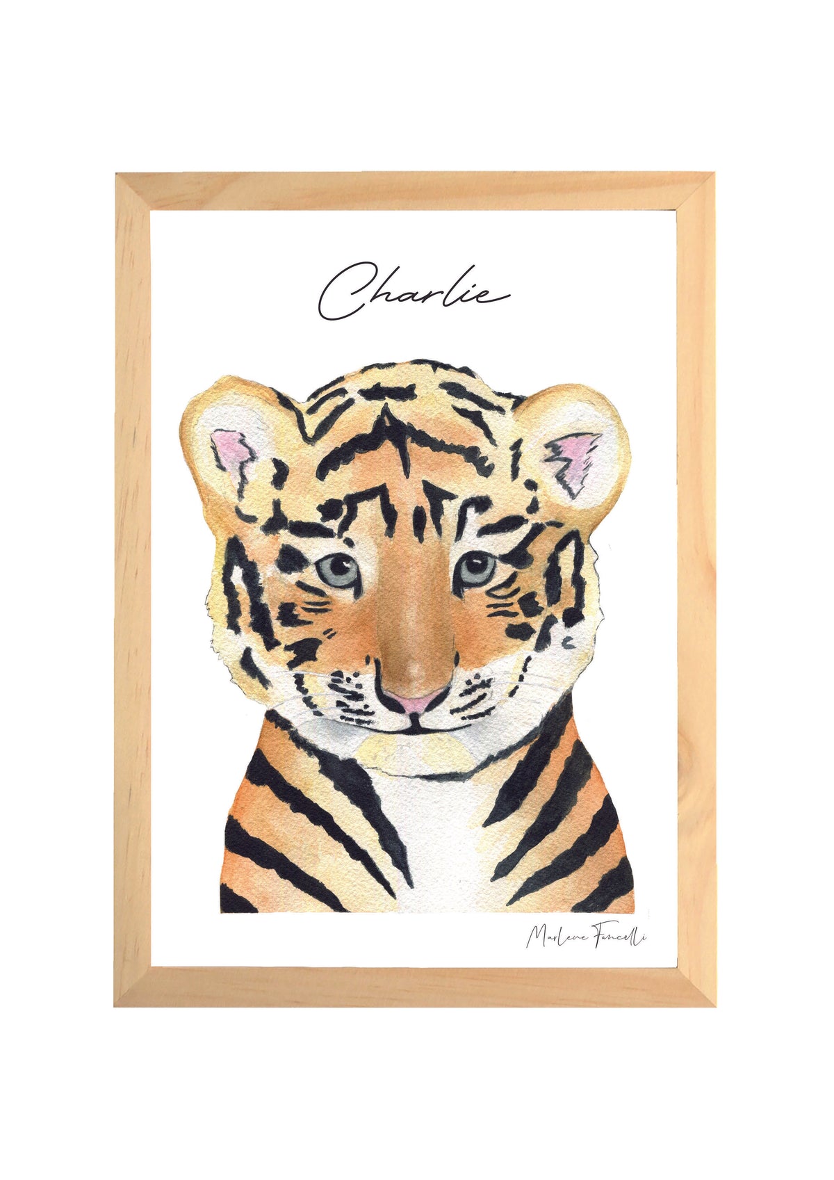Cadre illustration aquarelle enfant d’un bébé tigre idéal pour décorer une chambre d’enfant sur le thème de la savane / jungle