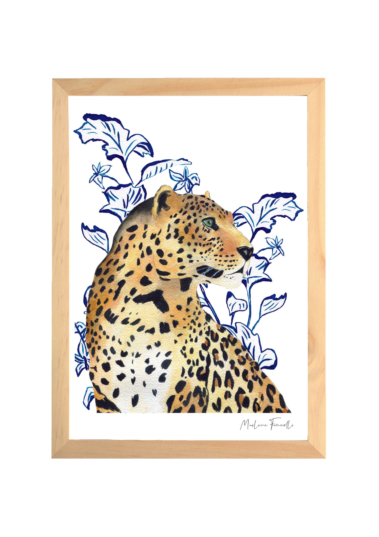 Cadre affiche aquarelle César le Léopard avec feuilles bleues