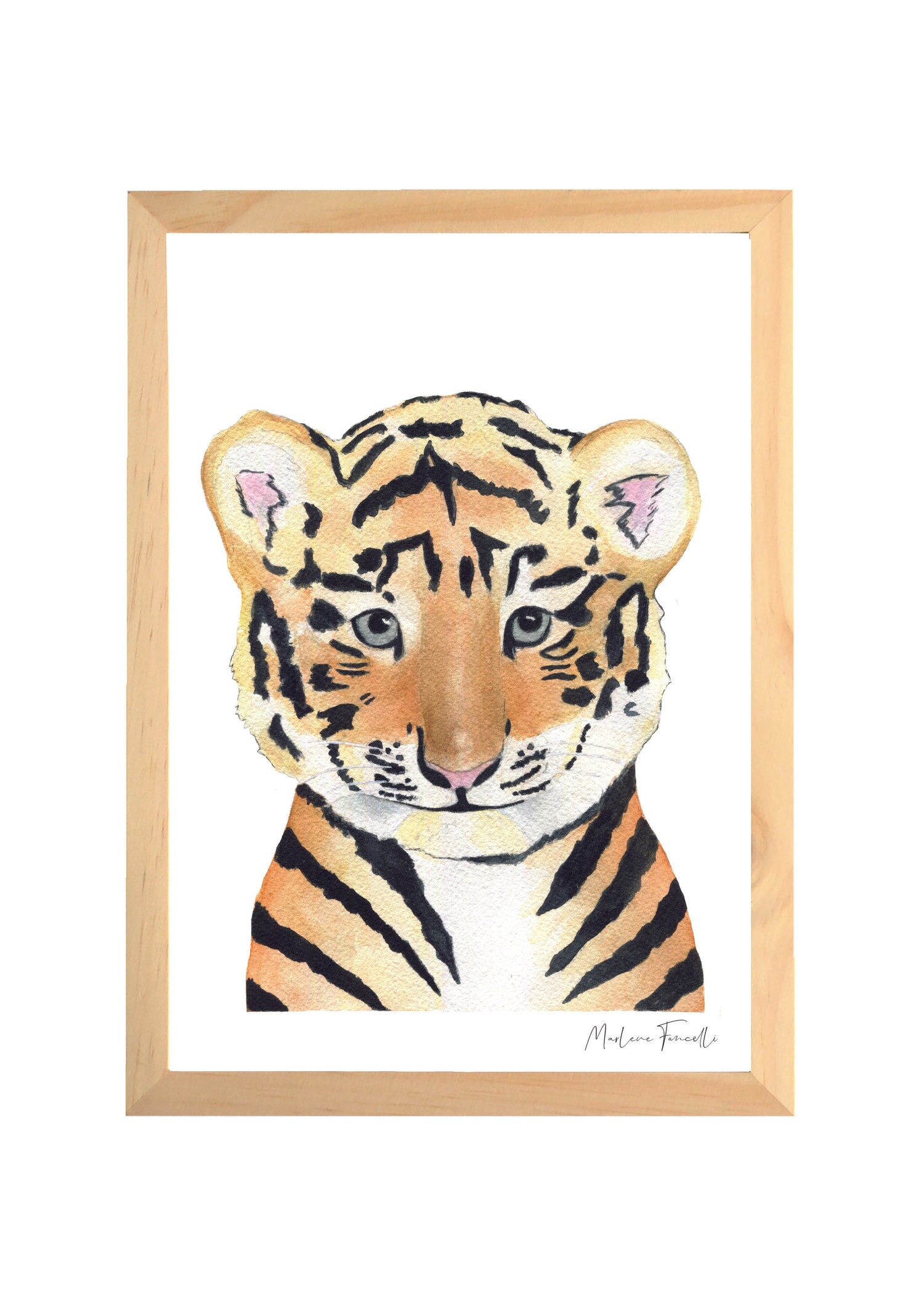 Cadre illustration aquarelle enfant d’un bébé tigre idéal pour décorer une chambre d’enfant sur le thème de la savane / jungle