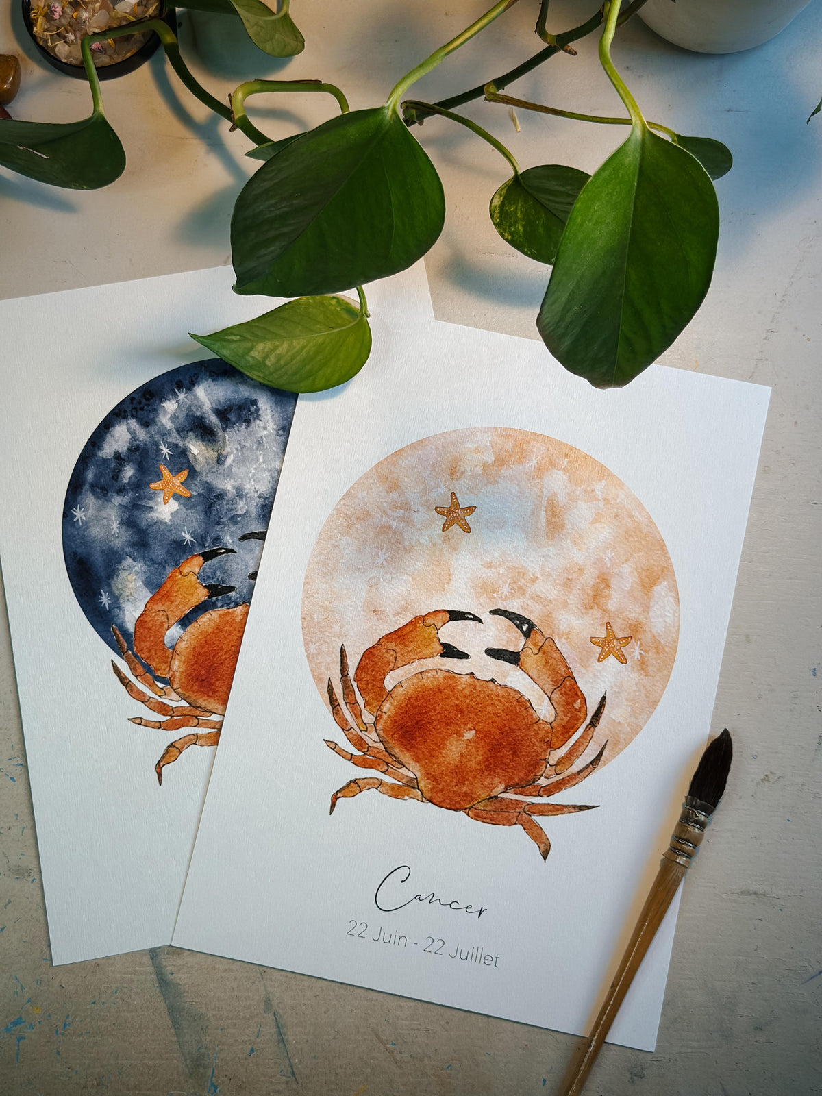 Illustration signe astrologique Cancer à l'aquarelle, décoration murale