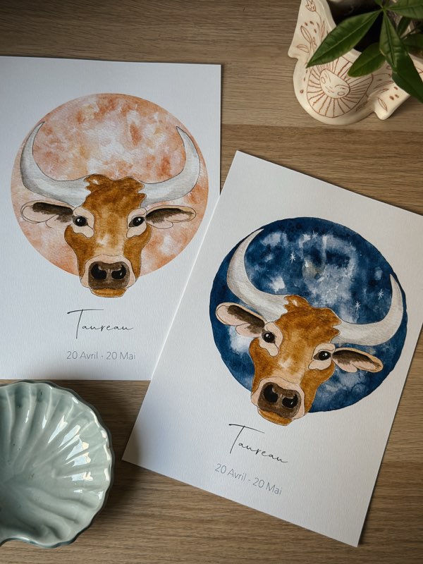 Illustration signe astrologique Taureau à l'aquarelle, décoration murale