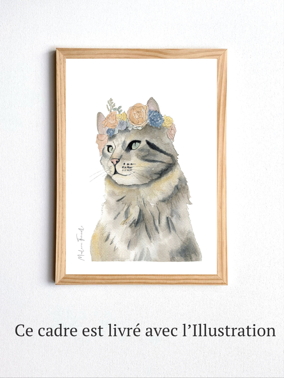 Illustration aquarelle Chat avec fleurs pour décorer chambre enfant