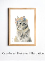 Illustration aquarelle Chat avec fleurs pour décorer chambre enfant