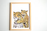 Cadre affiche aquarelle Famille Léopard pour décorer chambre enfant sur le thème de la savane