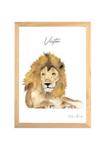 Cadre affiche aquarelle Lion Léo pour décorer une chambre d'enfant sur le thème de la savane - prénom personnalisé