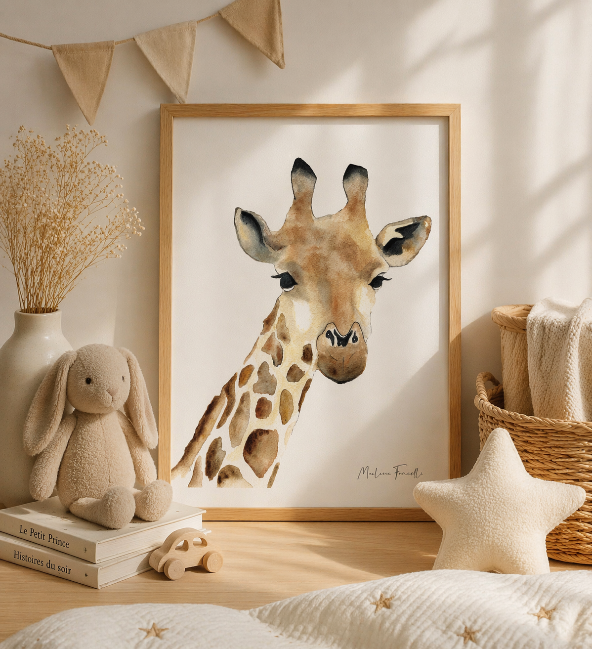 Poster girafe aquarelle pour décoration chambre bébé sur le thème de la jungle