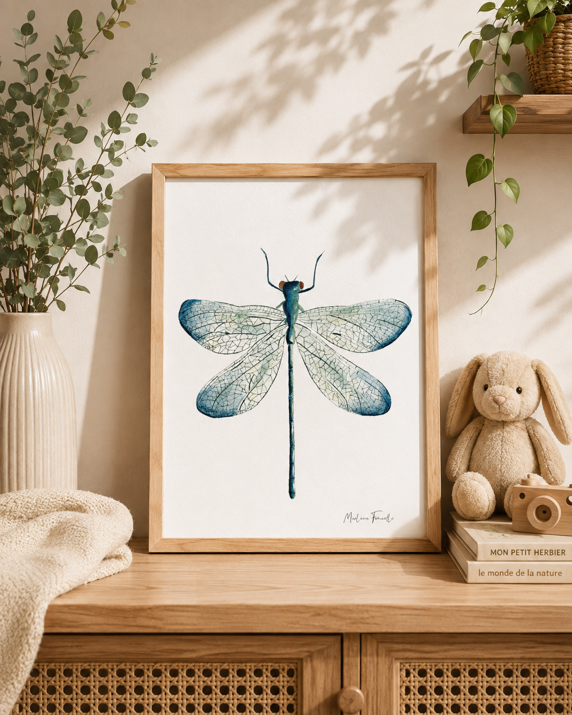 Cadre avec affiche aquarelle Libellule insecte 