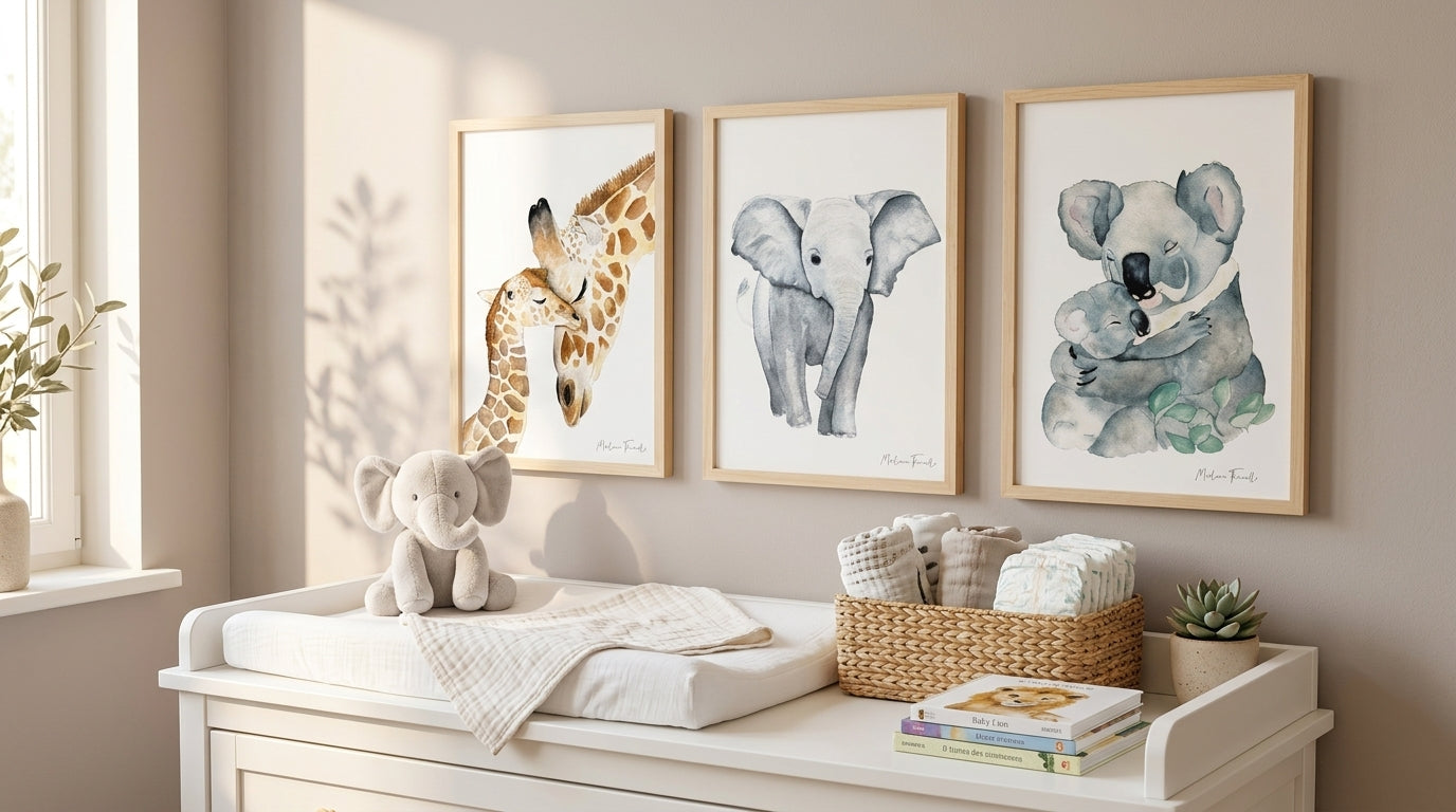 Affiche aquarelle de la savane :koala, girafe, éléphant pour décoration chambre bébé 
