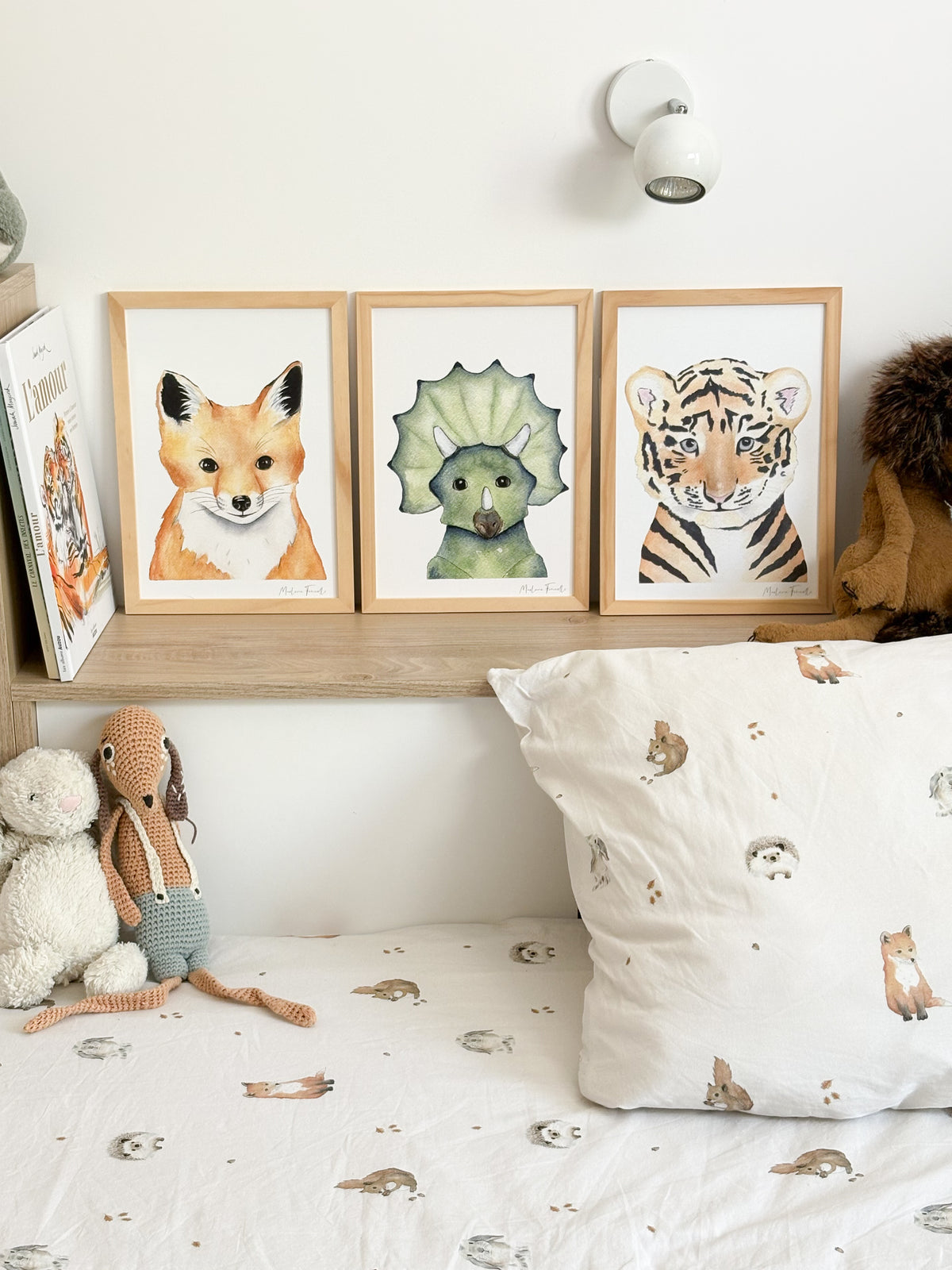 Poster dinosaure, renard, tigre à l'aquarelle pour décoration chambre bébé et enfant 