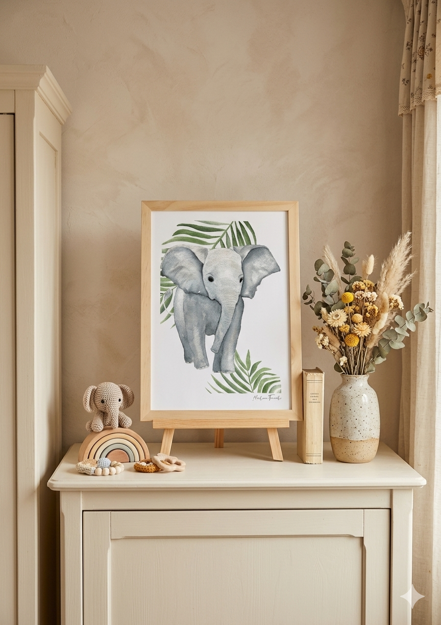 Affiche éléphant feuille aquarelle pour une  chambre bébé 