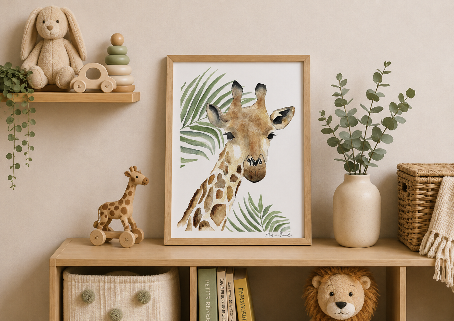 Poster d'une girafe à l'aquarelle pour décoration chambre bébé et enfant sur le thème de la jungle 