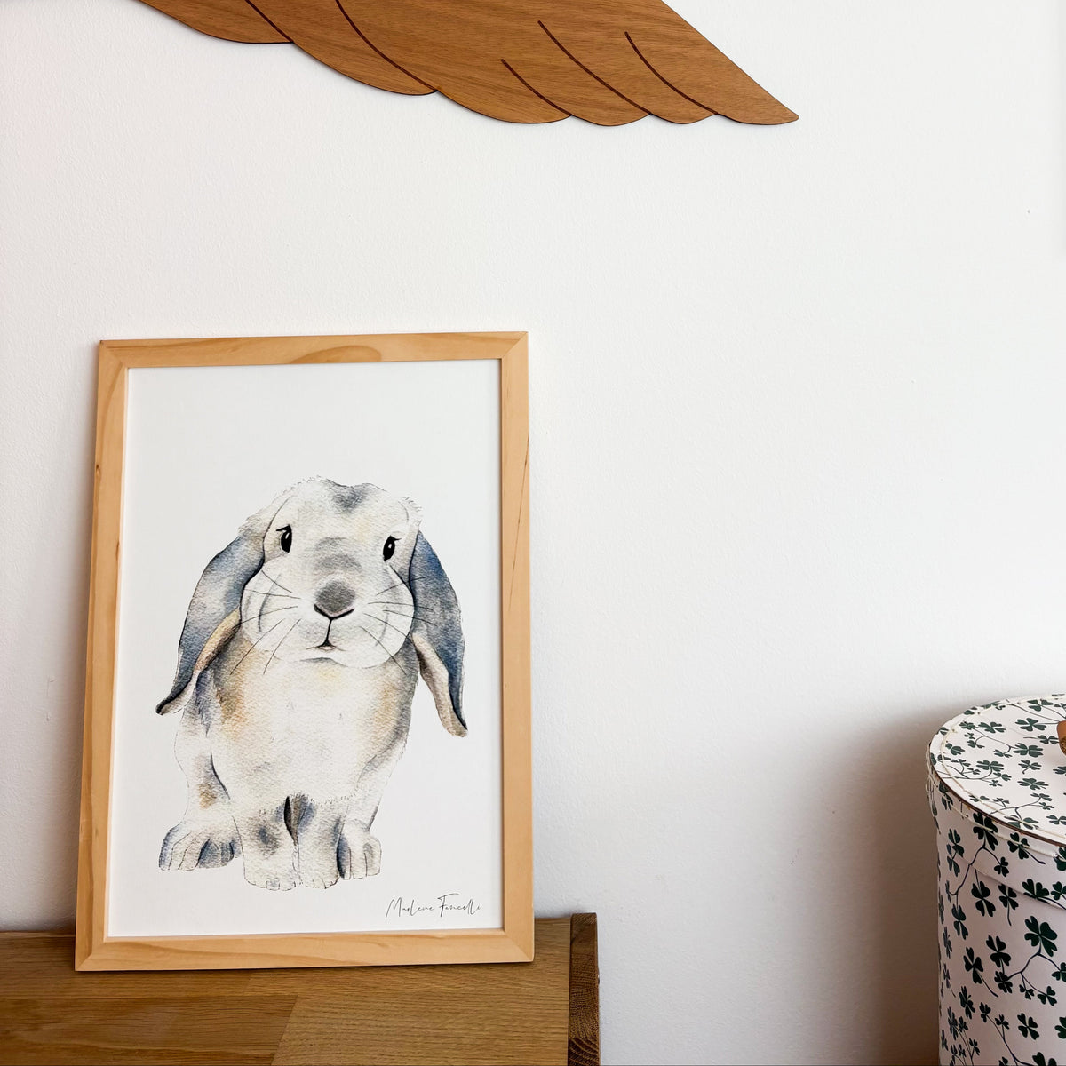 poster d'un lapinbelier fait à l'aquarelle pour décorer une chambre enfant 