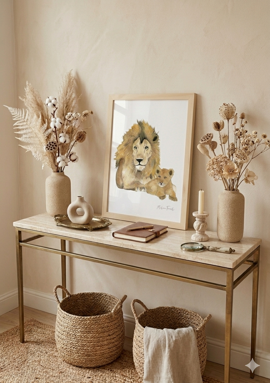 Affiche lion et lionceau à l'aquarelle pour une décoration chambre bébé