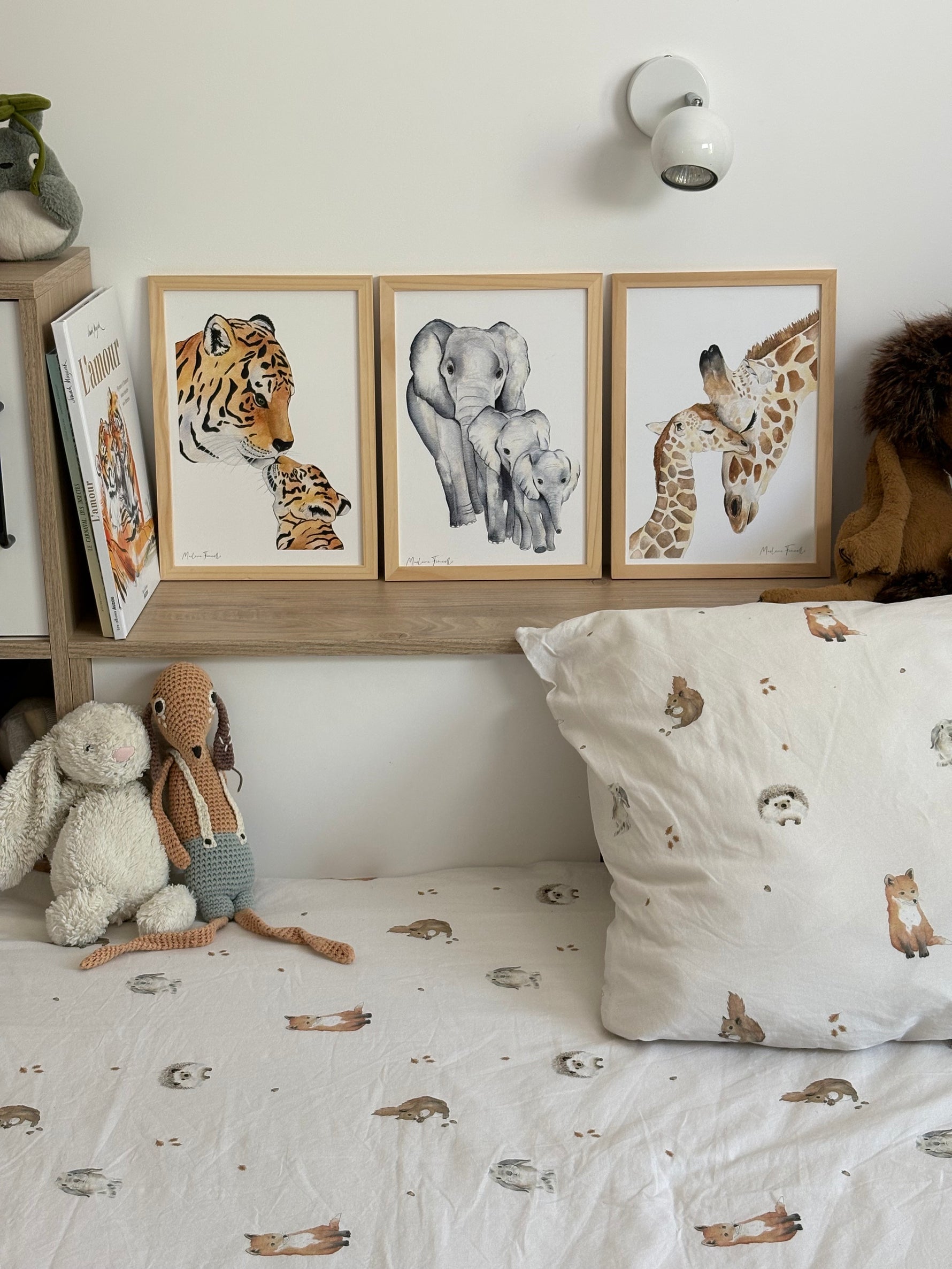 Affiche savane tigre, girafe, éléphant pour décorer chambre enfant et bébé