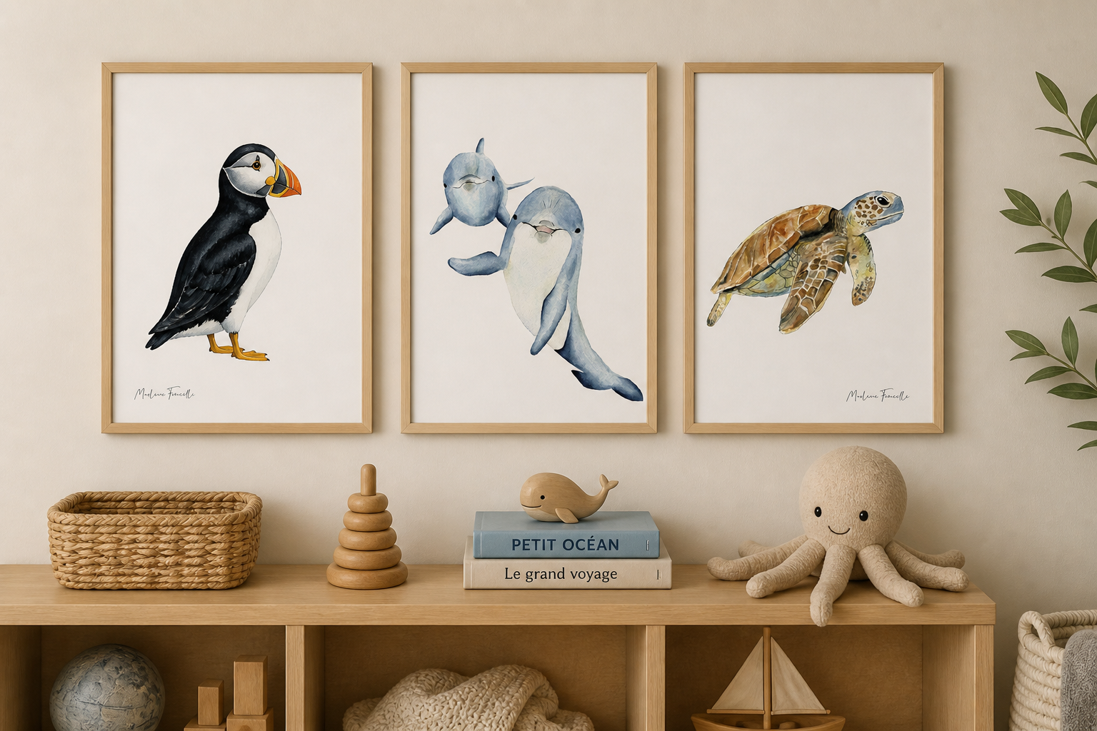 Affiche aquarelle macareux tortue et dauphin pour une décoration animaux marins pour  chambre enfant